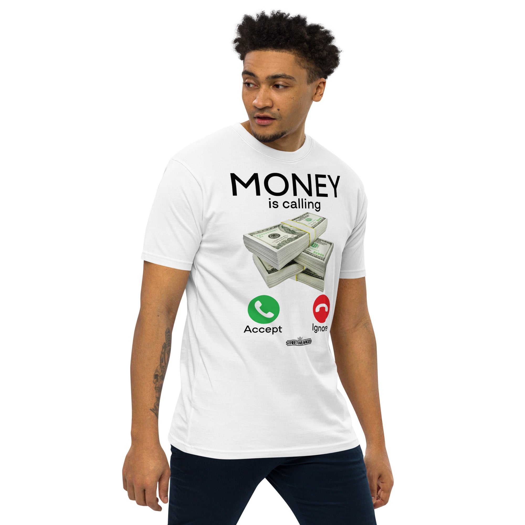 MONEY IS CALLING WHITE premium heavyweight tee